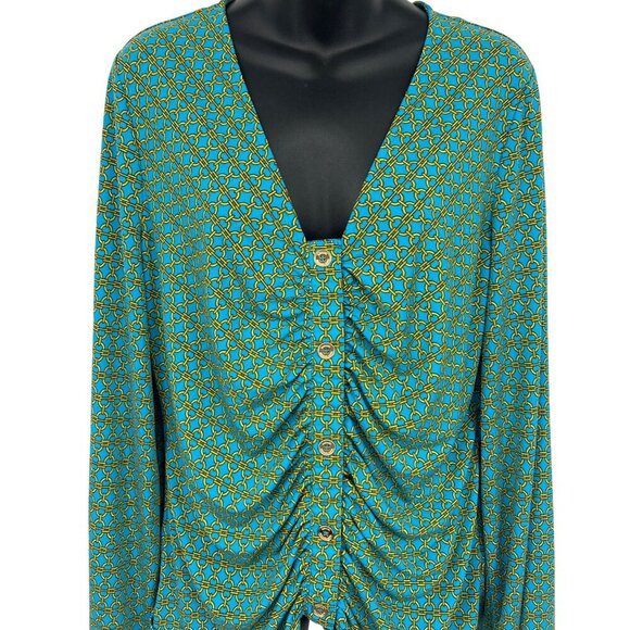 Michael Kors Extra Large Women Ruch Button Chain Blouse Milos Blue Top NWT New - Picture 2 of 8